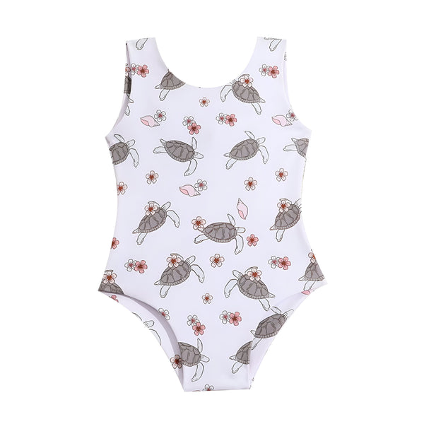 Maillot de bain une pièce pour bébé, imprimé tortues et fleurs, détail nœud au dos. Vêtement d'été pour enfant, motif marin et floral.