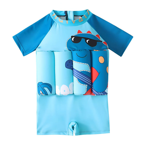 Maillot de bain flottant pour enfants avec fermeture éclair et motif de requin bleu, bouée de sauvetage « Myrtle Beach » et étoile de mer sur fond blanc.