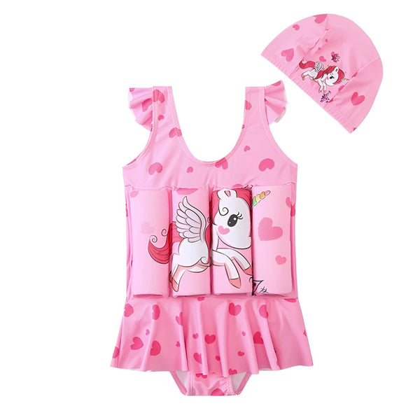 Maillot de Bain Flotteur Licorne Rose Bébé Fille avec Bonnet
