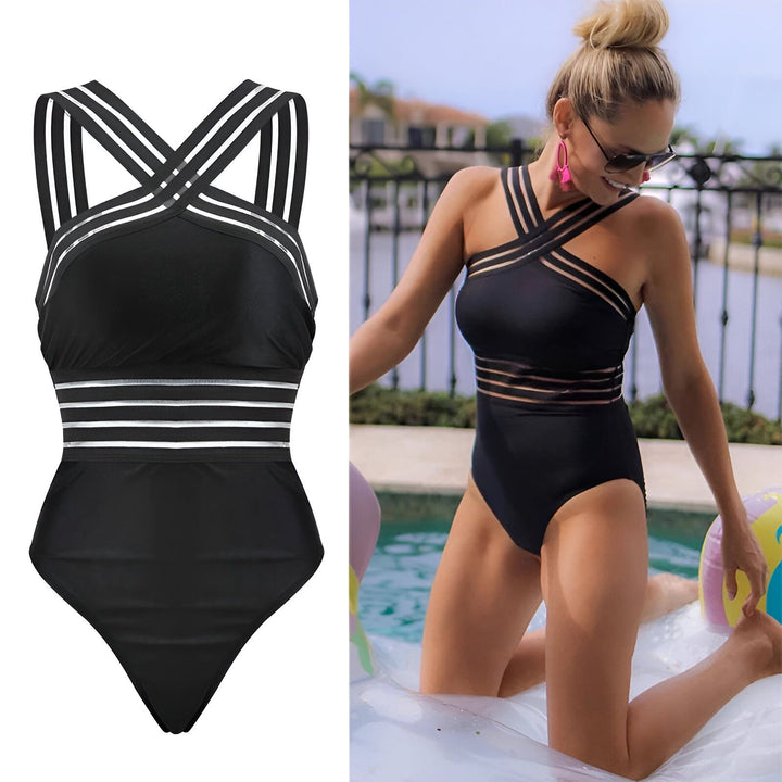 Maillot de bain une pièce noir avec dos croisé et détails rayés argentés. Style tendance et élégant pour la plage ou la piscine.