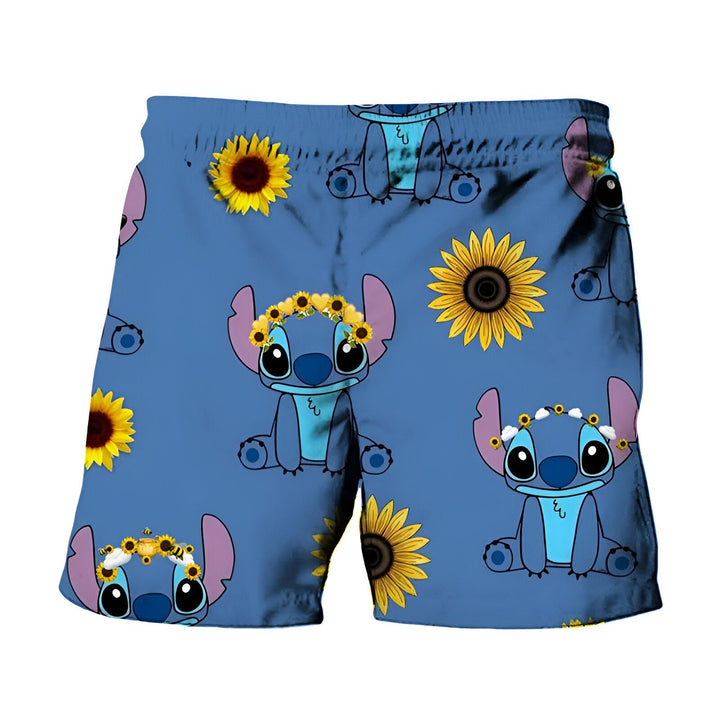 Short de bain bleu avec motifs de Stitch et de tournesols. Motif répété de Stitch portant une couronne de tournesols. Vêtement de plage pour hommes.
