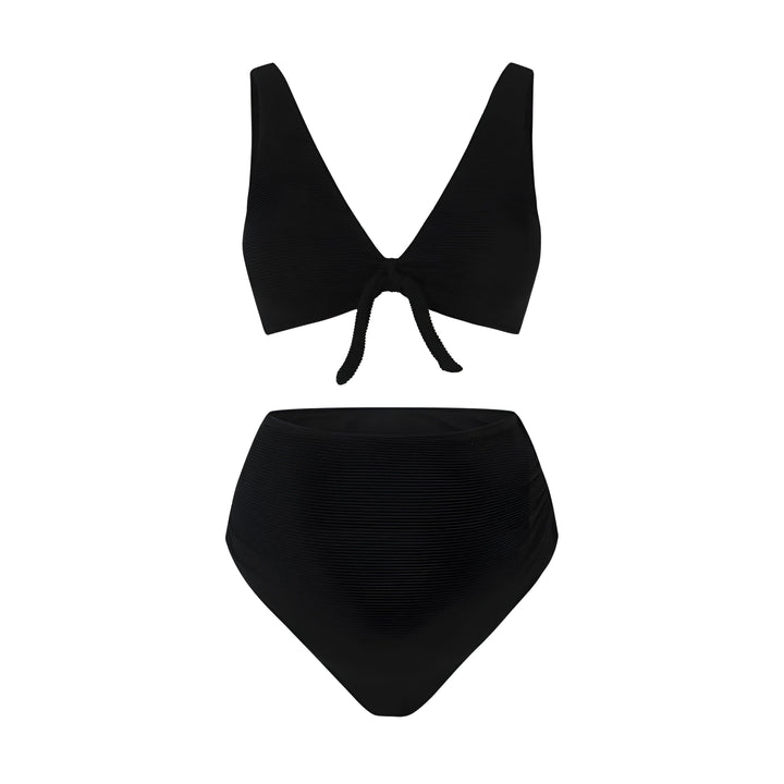 Ensemble de bikini noir pour femme, haut à nouer et taille haute, maillot de bain moderne et élégant.