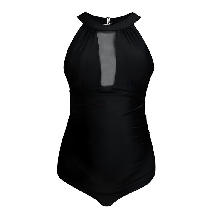 Maillot de bain une pièce noir à col montant avec empiècement en tulle transparent. Coupe flatteuse et élégante. Idéal pour la plage ou la piscine.