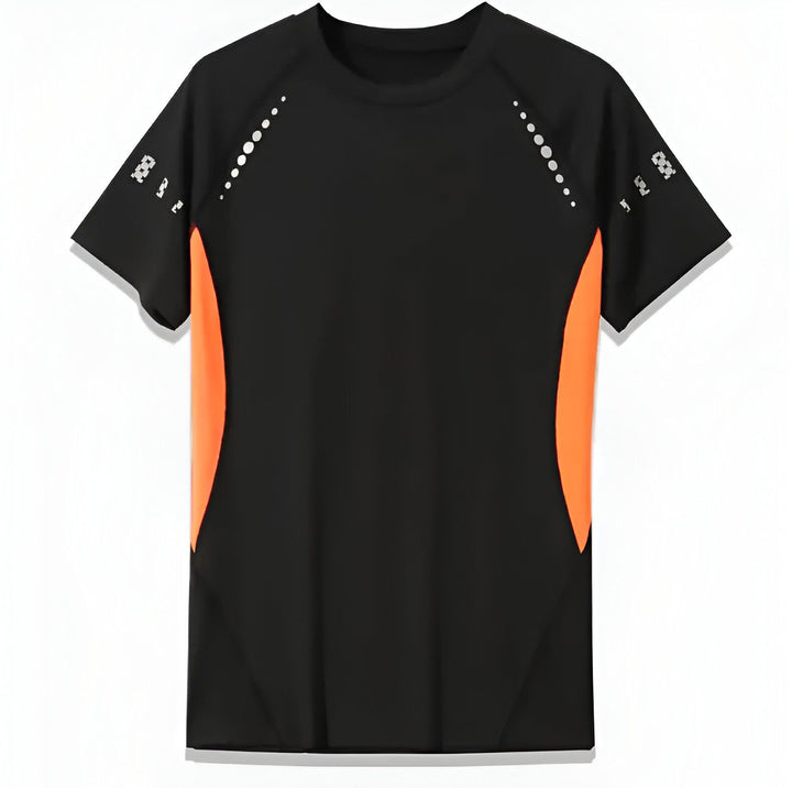 T-shirt de sport noir avec empiècements orange sur les côtés. Motifs géométriques et points blancs sur les manches. Idéal pour le sport et l'entraînement.