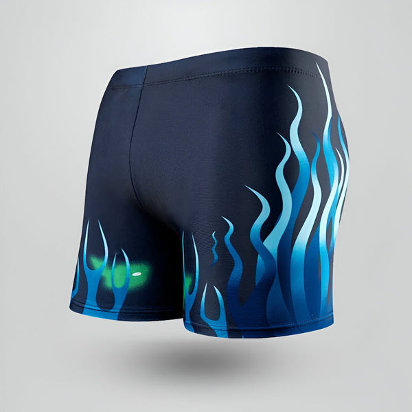 Short de sport noir avec motifs de flammes bleues sur les côtés. Vêtement de sport pour homme ou femme.