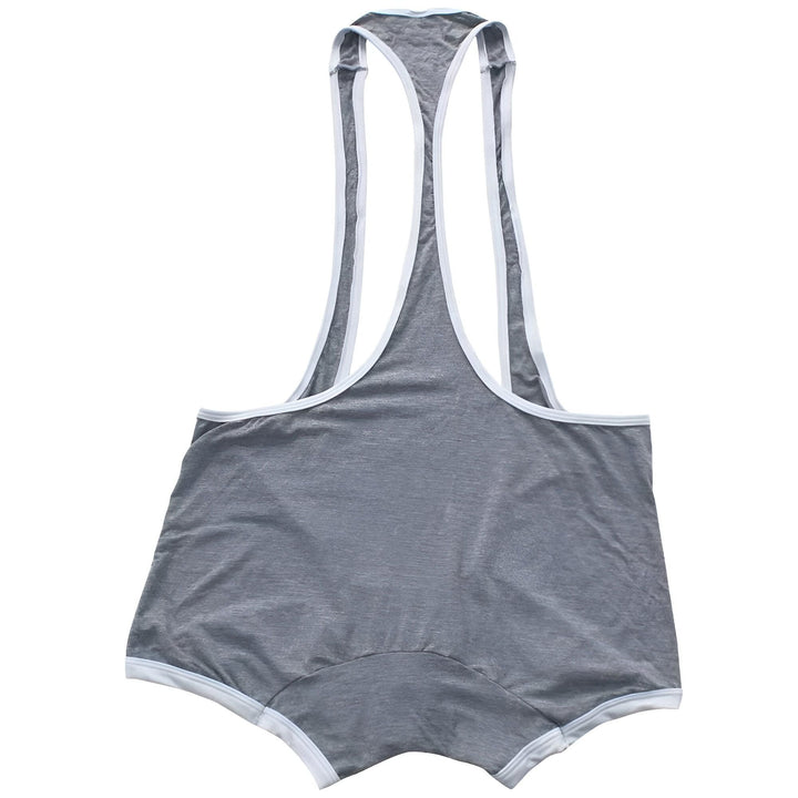 Body en jersey gris avec bretelles dos nageur et bordure blanche. Vêtement une pièce pour hommes ou femmes.
