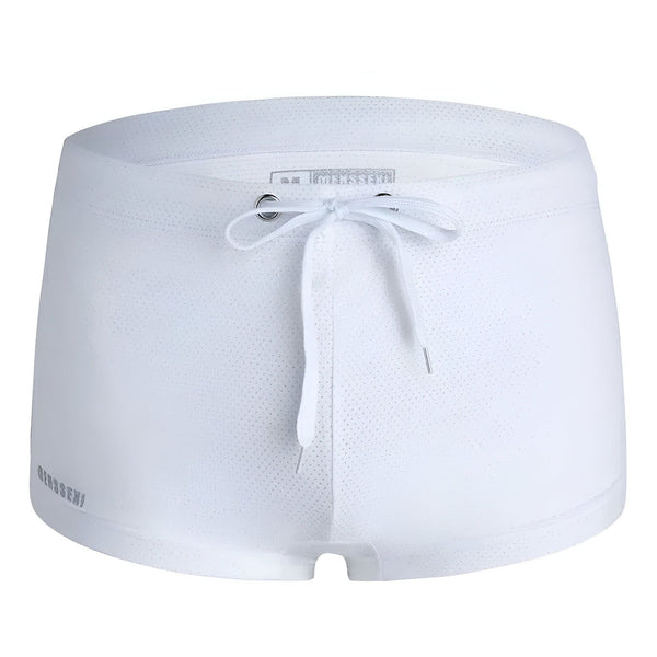 Image de cinq maillots de bain pour homme de différentes couleurs (bleu, noir, rose, jaune, blanc) avec cordon de serrage blanc.