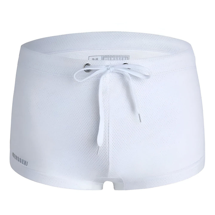 Image de cinq maillots de bain pour homme de différentes couleurs (bleu, noir, rose, jaune, blanc) avec cordon de serrage blanc.