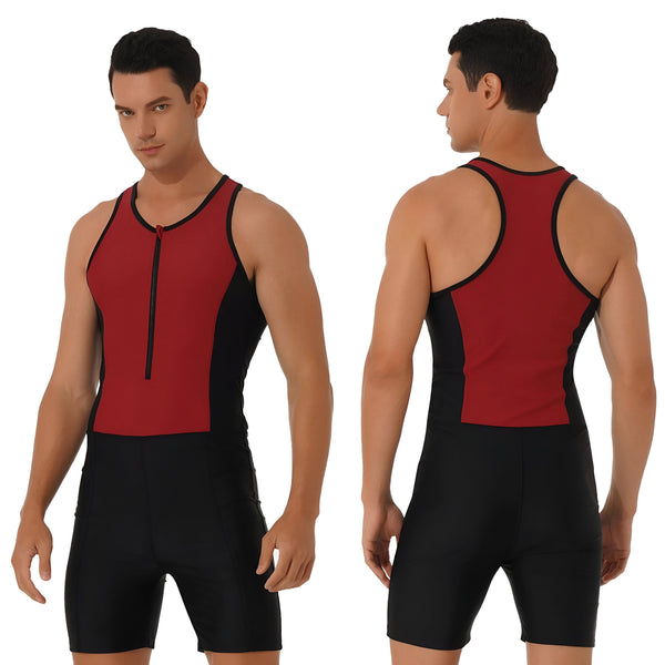 Un homme en combinaison de plongée bordeaux et noire avec une fermeture éclair ouverte. Vêtements de sport pour hommes.