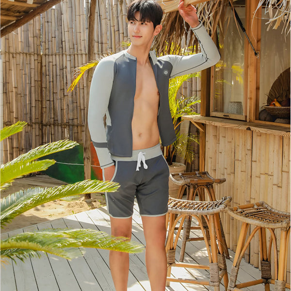 Maillot de bain anti-UV gris et bleu pour homme, avec une fermeture éclair et des manches longues. Il comprend un short de bain et un legging de protection solaire. Vêtements de plage et de sport nautique.