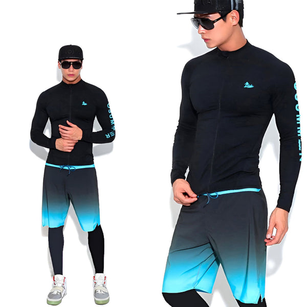 Ensemble de vêtements de sport pour homme : haut de corps noir à manches longues avec fermeture éclair, logo turquoise, inscription "SUMMER", legging noir et short de bain dégradé bleu et noir.