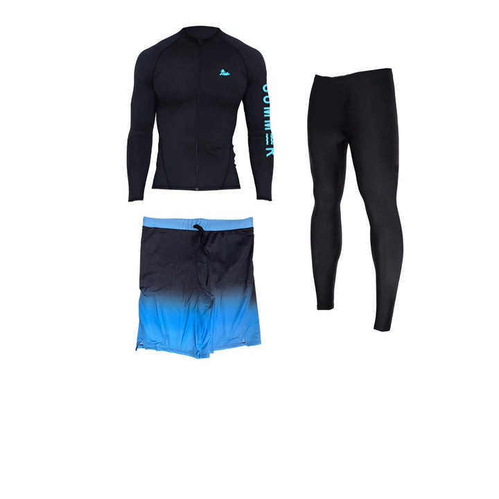 Homme en tenue de sport noire et bleue dégradée, avec chapeau et lunettes de soleil, style athlétique et moderne. Vêtements pour sports nautiques ou entraînement en extérieur.