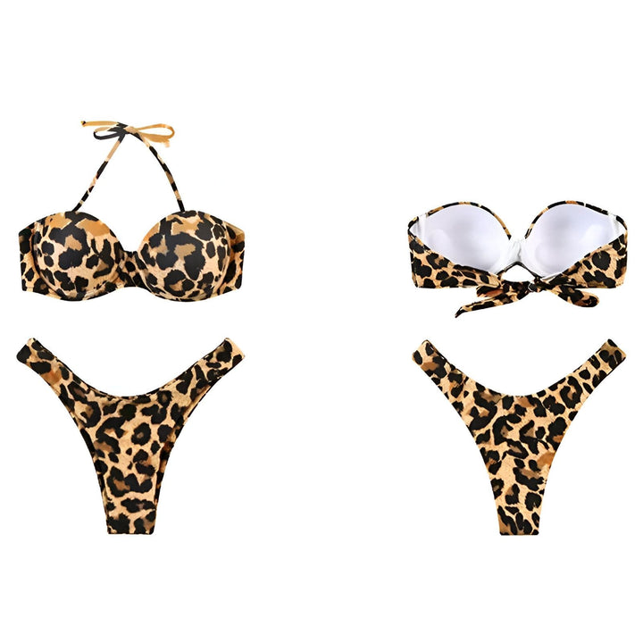 Détail d'un soutien-gorge push-up rembourré à imprimé léopard. L'intérieur blanc met en valeur la forme galbée pour un maintien optimal. Bretelles ajustables et doublure intérieure confortable.