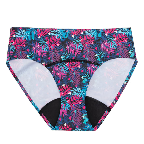 Culotte femme à motif floral bleu et rose, taille basse, corps en partie visible.