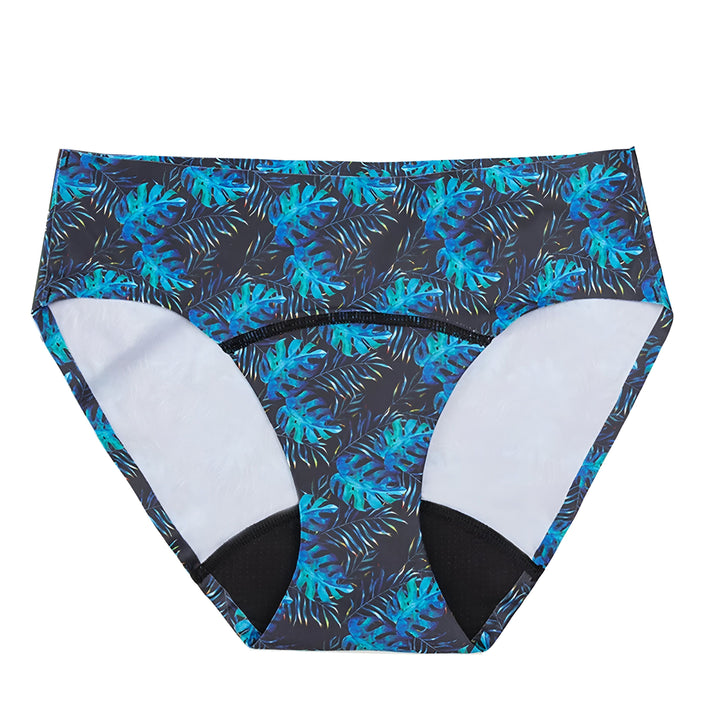 Culotte menstruelle à motif de feuilles tropicales bleues et vertes sur fond noir. Protection absorbante noire et doublure intérieure blanche. Hygiène féminine et confort pendant les règles.