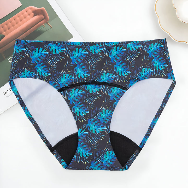 Culotte menstruelle à motifs colorés abstraits, doublure absorbante noire, moderne et confortable.