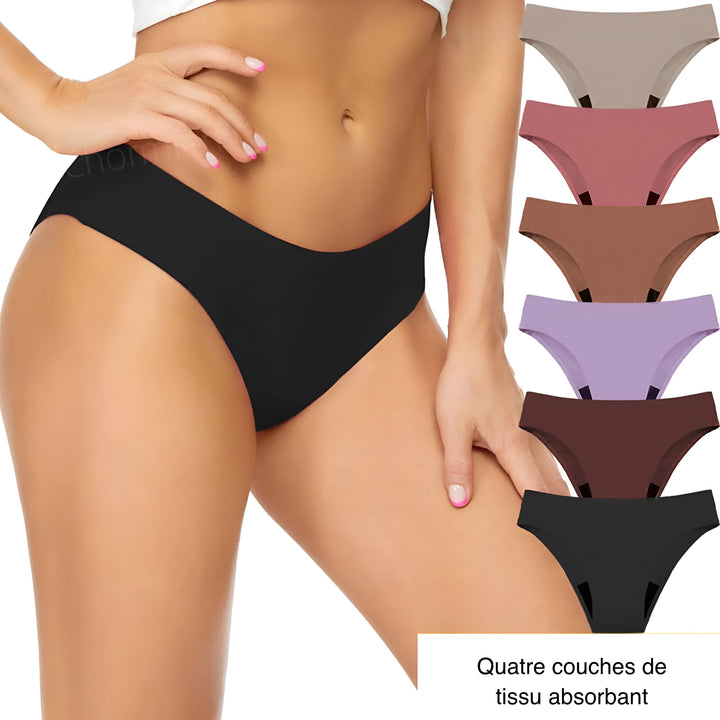 Image d'un tissu noir imperméable recevant une goutte d'eau. Dessous, l'indication "protection supplémentaire", une culotte noire et l'indication "modéré" avec le nombre de tampons correspondants.