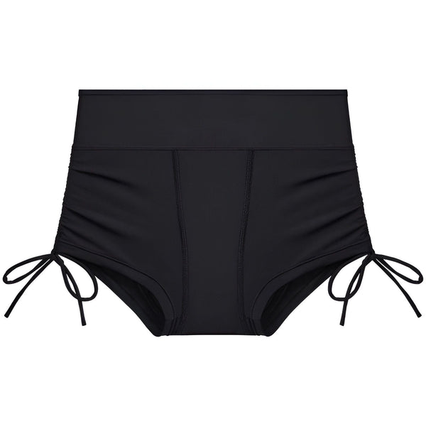 Short de bain noir pour femme, séchage rapide. Détail du tissu avec protection étanche et plusieurs couches. Idéal pour la plage et la piscine.