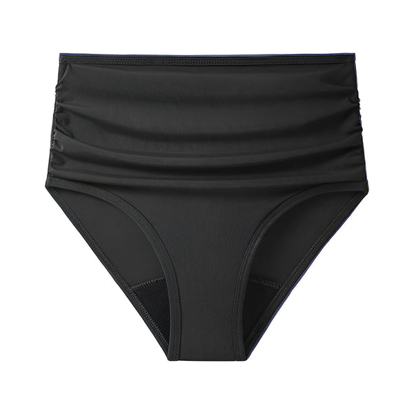 Culotte de bain noire taille haute. Illustration des couches de tissu absorbant l'humidité. Sous-vêtement de protection menstruelle pour la natation.
