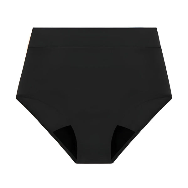 Culottes menstruelles colorées (noir, bleu, vert olive, orange) avec schéma des couches absorbantes. Sous-vêtements réutilisables pour règles. Alternative écologique aux protections périodiques jetables.
