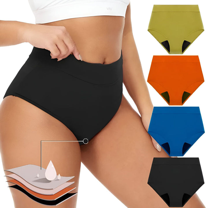 Culottes menstruelles taille haute pour femmes, modèle noir porté. Multiples couches absorbantes anti-fuites. Divers coloris : vert olive, orange, bleu et noir. Protection confortable et discrète pendant les règles.