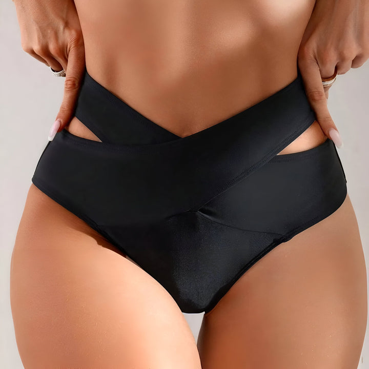 Culotte de bain noire taille haute, style croisé devant, idéale pour la plage ou la piscine.