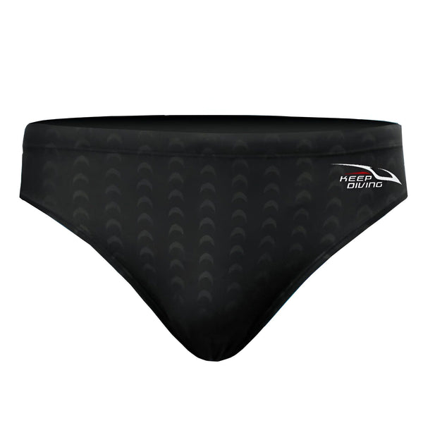 Slip de bain noir pour homme, avec cordon de serrage à la taille et motif de lunes discrètes. Idéal pour la natation ou les vacances à la plage. Coupe confortable et élégante.