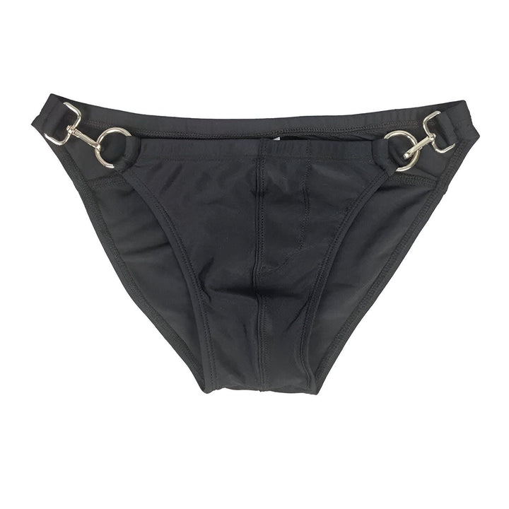Culotte de bikini noire avec anneaux argentés sur les côtés. Maillot de bain pour femme.