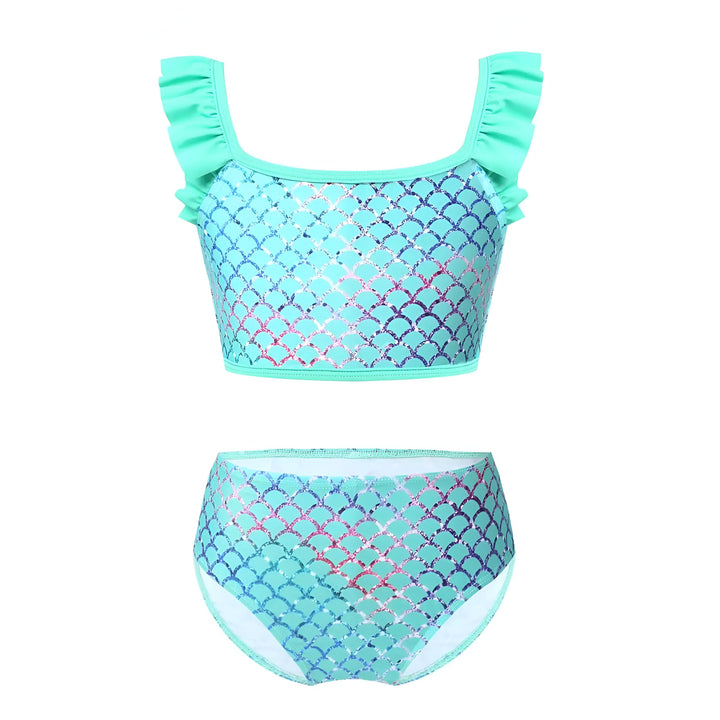 Maillot de bain deux pièces turquoise avec motif écailles de sirène et détails à volants pour enfant.