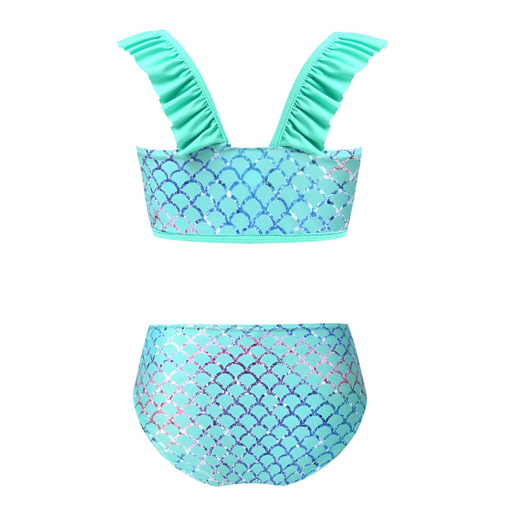 Ensemble de bikini pour enfant avec motif d'écailles turquoise et violettes, comprenant un haut et une culotte. Idéal pour la plage et la piscine.