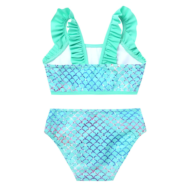 Ensemble de bain deux pièces pour fille, motif écailles de sirène turquoise et détails à volants vert d'eau. Haut de bikini et slip assorti. Idéal pour la piscine ou la plage.