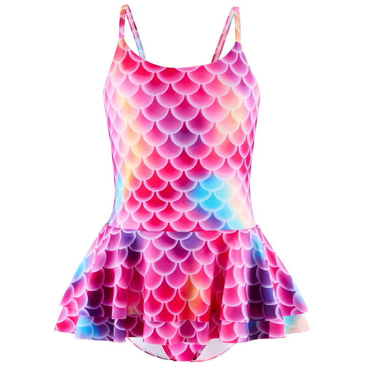 Maillot de bain fille motif écailles de sirène multicolores. Bretelles fines. Volants à la taille. Idéal pour la plage et la piscine. Style fantaisie.