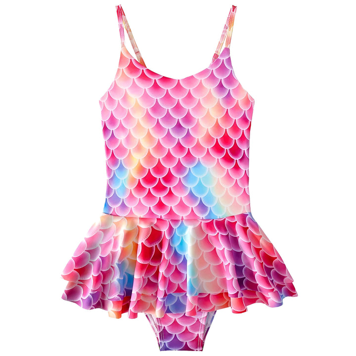 Maillot de bain une pièce pour fille, imprimé écailles de sirène multicolores, dégradé rose, violet et bleu, fines bretelles. Parfait pour la piscine ou la plage.