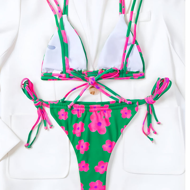 Maillot de bain string deux pièces femme imprimé fleurs