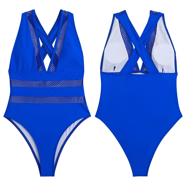 Vue avant et arrière d'un maillot de bain une pièce bleu électrique avec des détails en maille transparente. Il a un décolleté plongeant et des bretelles croisées dans le dos.