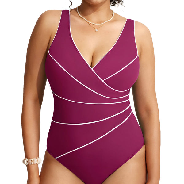 Maillot de bain noir une pièce pour femme, décolleté en V avec bordure blanche, design élégant. Idéal pour la plage ou la piscine.