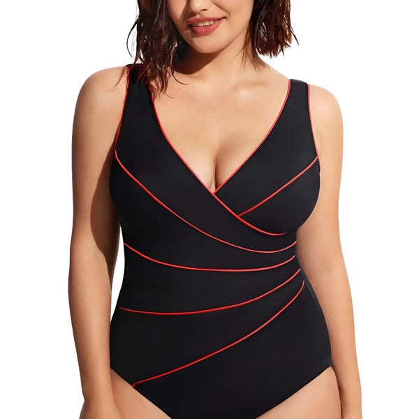 Maillot de bain une pièce kaki avec des détails orange, décolleté en V croisé et lanières décoratives, parfait pour la plage ou la piscine.