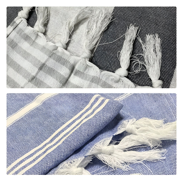 Serviettes de bain en coton bleu et blanc, rayées et à franges. Idéal pour la plage ou la salle de bain.