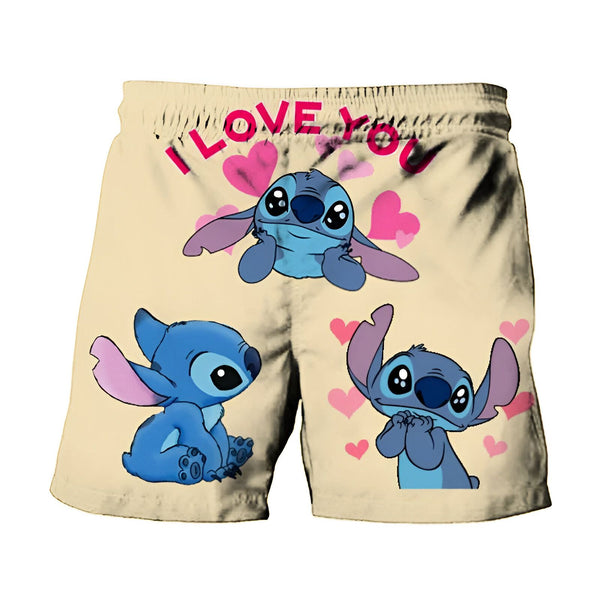 Image d'un vêtement bleu clair orné de motifs de Stitch, le personnage de Disney. On voit Stitch dans différentes poses, avec des cœurs et le mot "love". Un design amusant et coloré pour les fans du film Lilo & Stitch.