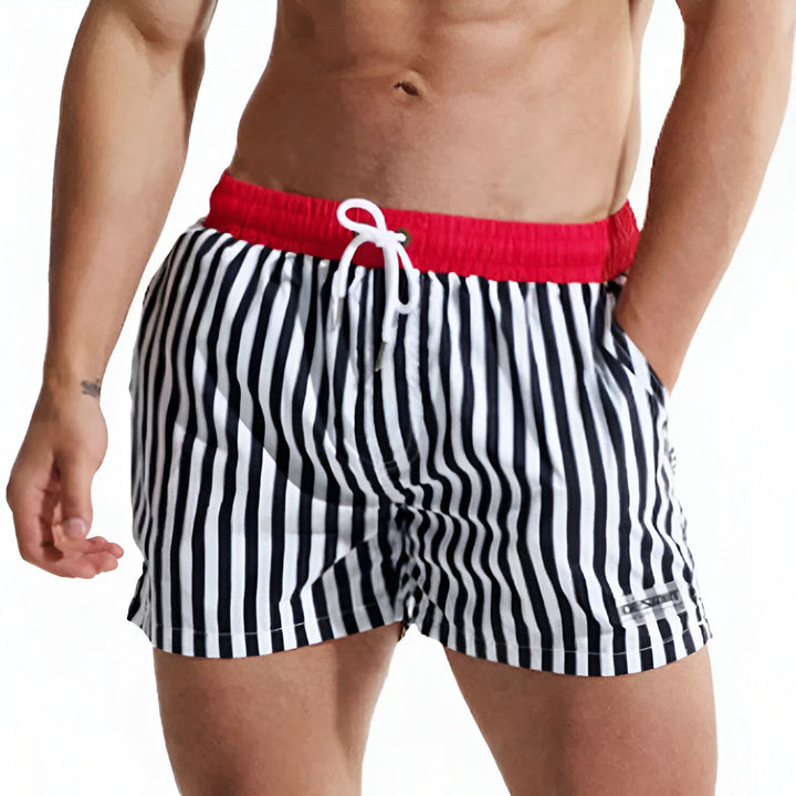 Short de Bain Rayé Homme Noir Blanc - Maillot Plage Confort Élégant