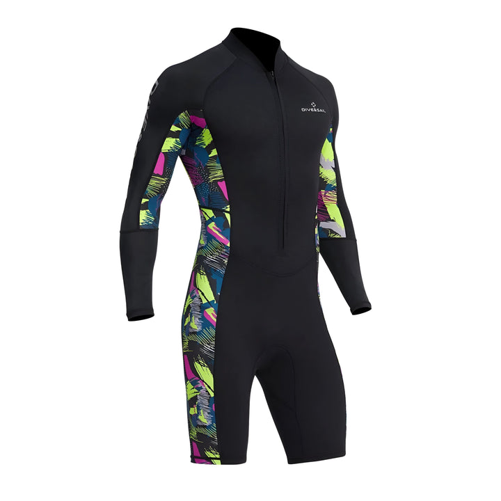 Combinaison de plongée Dive & Sail noire avec motifs colorés sur les manches et les jambes. Fermeture éclair sur le devant. Vêtement de sport aquatique.